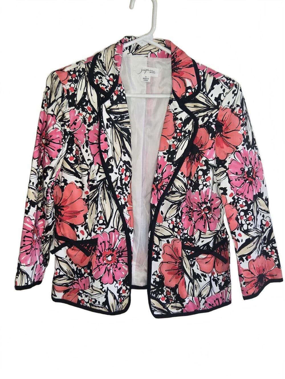 Josephine Studio Floral Print Blazer with Black Trim and Bow Detail